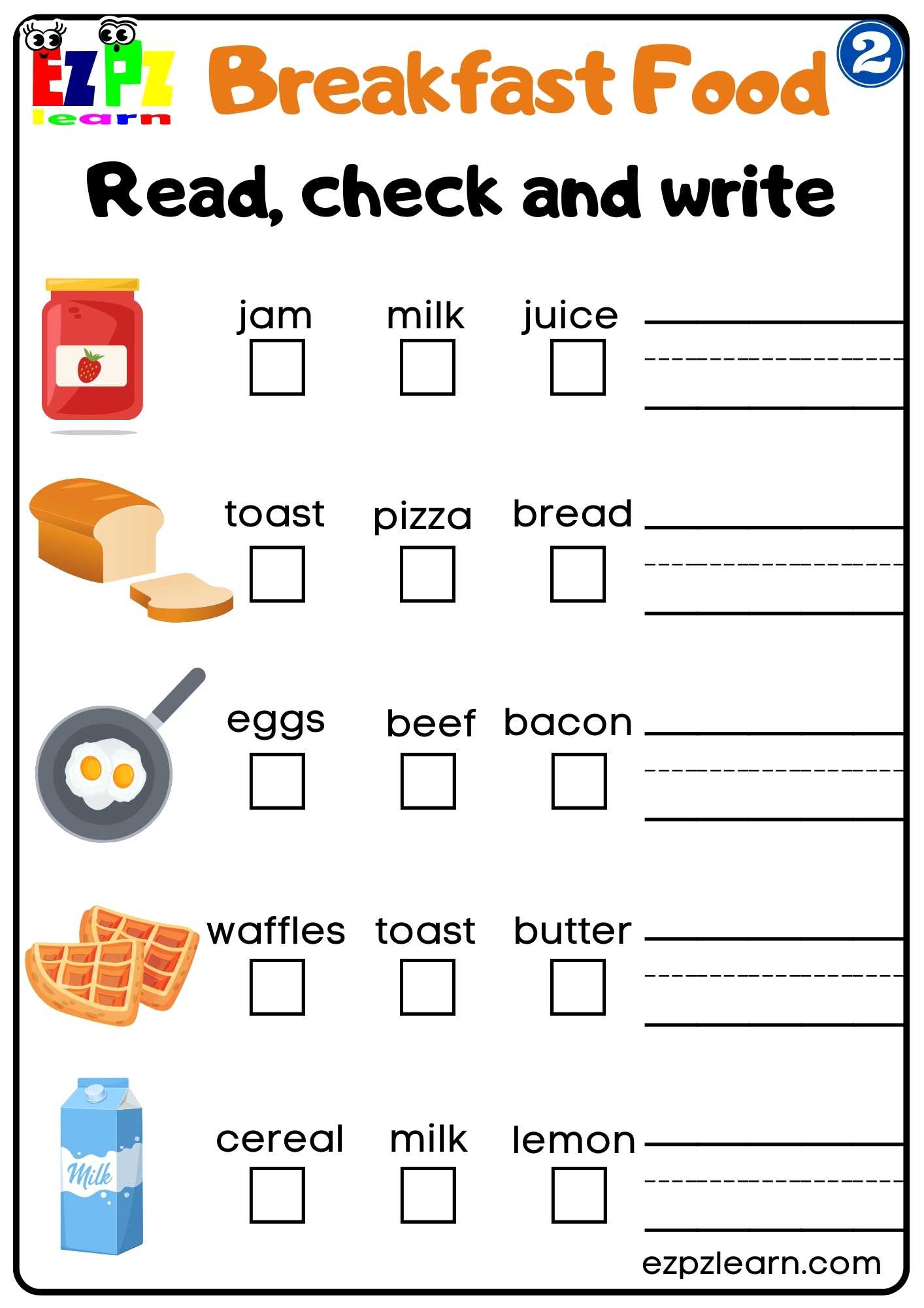 Group 2 Breakfast Food Vocabulary Read Check and Write Worksheet for K5 and ESL Students PDF Download